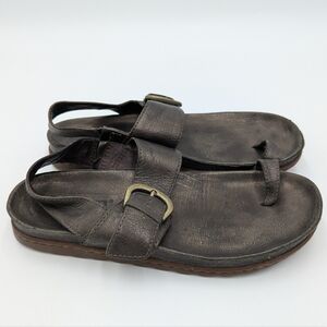 Børn Dark Metallic Leather Toe Loop Buckle Sandals 7M Minimalist Travel Pewter